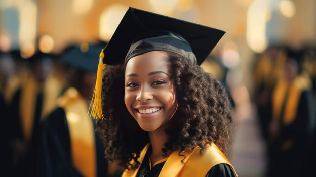 A young dark-skinned, black African-American girl wearing a graduate hat against the backdrop of her classmates. Graduation from college, university or institute. Completing training higher educational institution. Master's degree, academic success.