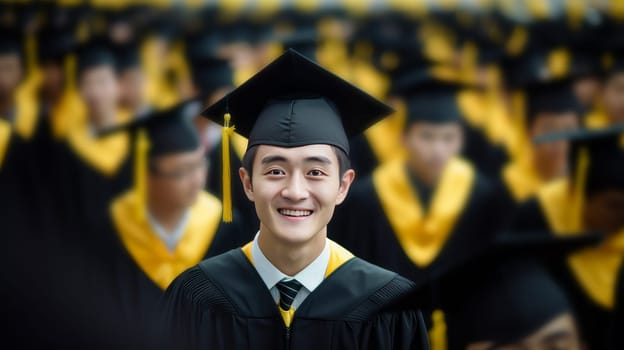 A young Asian woman, a guy in a graduate hat in front of his classmates. Graduation from college, university or institute. Completing training at a higher educational institution. Master's degree, academic success.