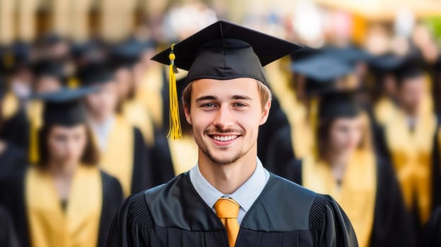 A young guy in a graduate hat against the backdrop of his classmates. Graduation from college, university or institute. Completing training at a higher educational institution. Master's degree, academic success.
