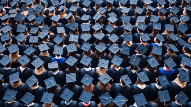 A large group of graduates in hats with their classmates are standing near the educational institution. Graduation from college, university or institute. Completing training at a higher educational institution. Master's degree, academic success.