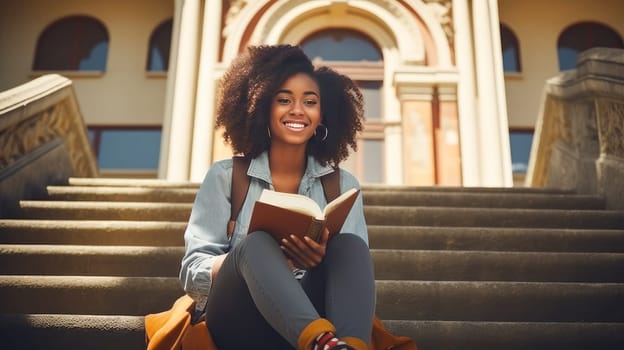 Smiling young dark-skinned, black, African-American girl sitting on the steps of an educational institution. Graduation from college, university or institute. Completing training at a higher educational institution. Master's degree, academic success.