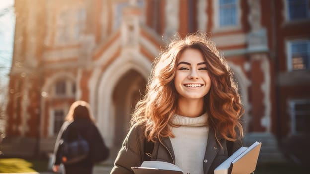 A smiling young girl sits on the steps of an educational institution. Graduation from college, university or institute. Completing training at a higher educational institution. Master's degree, academic success.