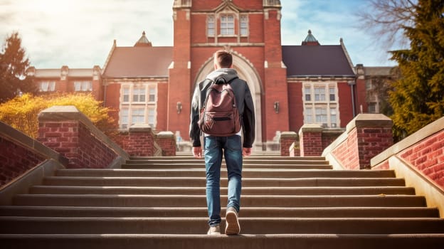 A young guy with a backpack walks along the steps of an educational institution. Graduation from college, university or institute. Completing training at a higher educational institution. Master's degree, academic success.