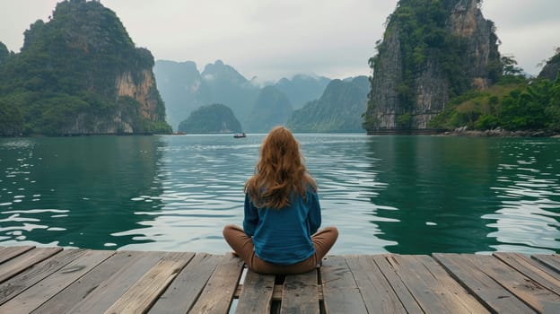 Tourist girl against the backdrop of mountain peaks and the coasts of Asia AI