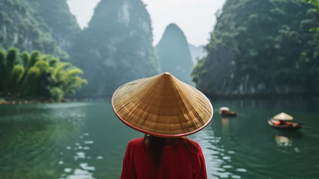 Tourist girl against the backdrop of mountain peaks and the coasts of Asia AI