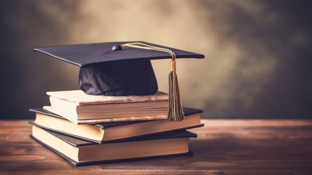 A stack of books and a hat, graduate cap on a wooden surface background. Graduation from college, university or institute. Completing training at a higher educational institution. Master's degree, academic success.