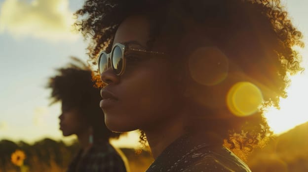 Two pretty young black friends woman pose in a sunflower field. AI