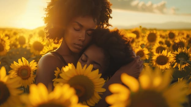 Two pretty young black friends woman pose in a sunflower field. AI