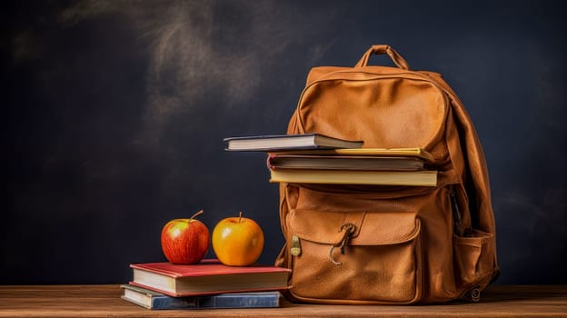 A stack of books, writing instruments and a backpack on a background of a wooden surface. Graduation from college, university or institute. Completing training at a higher educational institution. Master's degree, academic success.