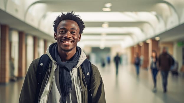 A young smiling, happy student, dark-skinned, black, Afro Amirakan guy stands in the foyer of an educational institution. Graduation from college, university or institute. Completing training at a higher educational institution. Master's degree,