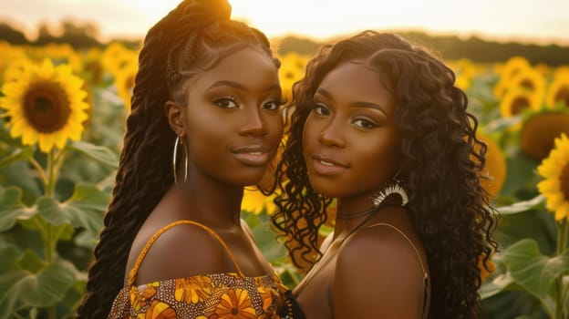 Two pretty young black friends woman pose in a sunflower field. AI