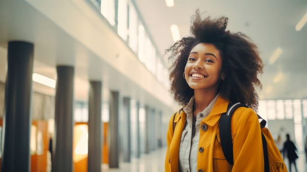 A young smiling, happy student, dark-skinned, black, African American girl stands in the foyer of an educational institution. Graduation from college, university or institute. Completing training at a higher educational institution. Master's degree