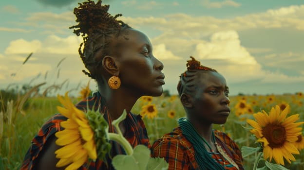 Two pretty young black friends woman pose in a sunflower field. AI