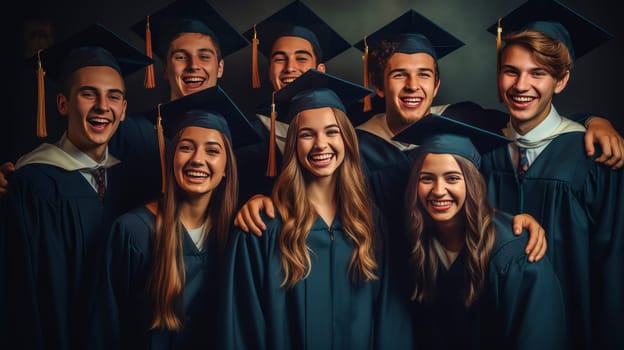 A group of multiracial young people, boys and girls, students of an educational institution smiling. Graduation from college, university or institute. Completing training at a higher educational institution. Master's degree, academic success.