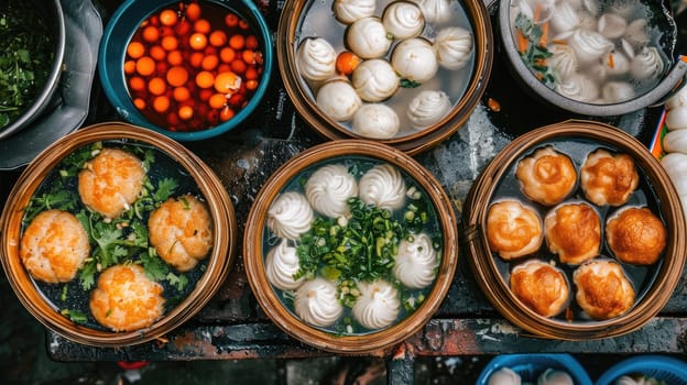 Variety of Asian food items offered at a street fair outdoors AI