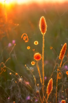 Golden Hour Glow. Warm, soft light of the setting sun illuminating delicate wildflowers or intricate spiderwebs in a field, highlighting their natural beauty.
