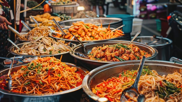 Variety of Asian food items offered at a street fair outdoors AI