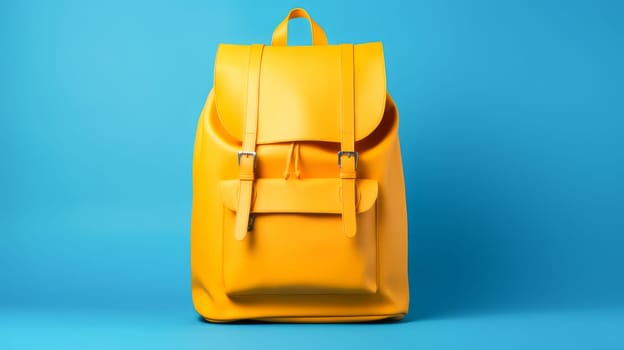 Yellow school backpack on a blue background. Graduation from college, university or institute. Completing training at a higher educational institution. Master's degree, academic success.