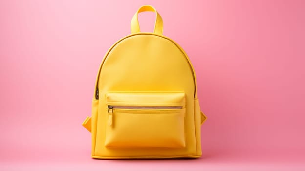 Yellow school backpack on a pink background. Graduation from college, university or institute. Completing training at a higher educational institution. Master's degree, academic success.