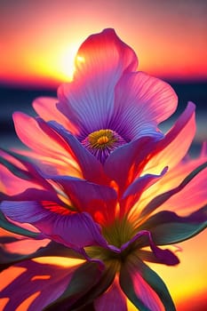 Floral Fantasy. Intricate details of a blooming flower as it catches the last rays of the setting sun, highlighting its delicate petals and vibrant colors in a dreamy, ethereal light.