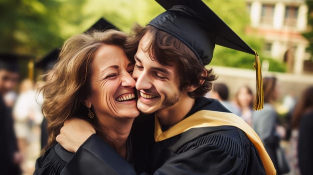 Happy mother hugging her student son in a cap, graduate cap near the educational institution. Graduation from college, university or institute. Completing training at a higher educational institution. Master's degree, academic success.