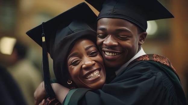 Happy black, african american mother hugging student son in cap, graduate cap near educational institution. Graduation from college, university or institute. Completing training at a higher educational institution. Master's degree, academic success.