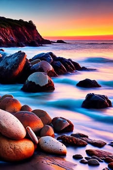 Coastal Charm. Rugged beauty of a coastline at sunset, capturing the intricate patterns of rocks and shells washed by the gentle waves under the warm, golden light.