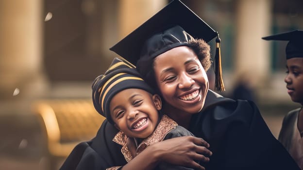 Happy black, African American mother hugging her student son in a cap, graduate cap in a wheelchair near an educational institution. Graduation from college, university or institute. Completing training at a higher educational institution.