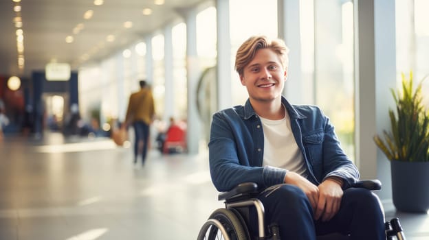 Happy, smiling young guy student in a wheelchair in the foyer of an educational institution. Graduation from college, university or institute. Completing training at a higher educational institution. Master's degree, academic success.