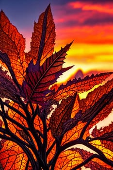 Autumn Elegance. Rich colors and textures of fall foliage at sunset, capturing the intricate details of individual leaves as they glow in the fading light of the day.