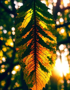 Forest Whispers. Single leaf in a dark forest as the setting sun filters through the canopy, highlighting the intricate veins and textures in a magical play of light and shadow.