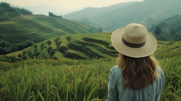 Woman traveling among rice fields. European girl among rice terraces and green plantations in Asia AI