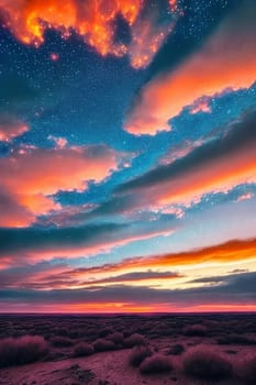 Celestial Serenity. Beauty of a star-filled sky at sunset, capturing the intricate patterns of clouds and the soft hues of twilight in a mesmerizing composition that connects nature's wonders from dusk till nightfall.