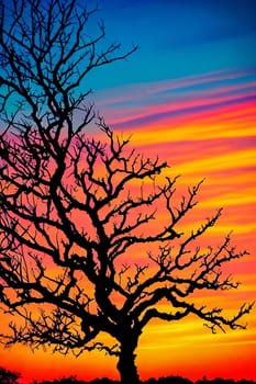 Silhouetted Silhouettes. Alone tree against the vibrant sunset sky, emphasizing its intricate branches and leaves in shadowy contrast against the colorful backdrop.