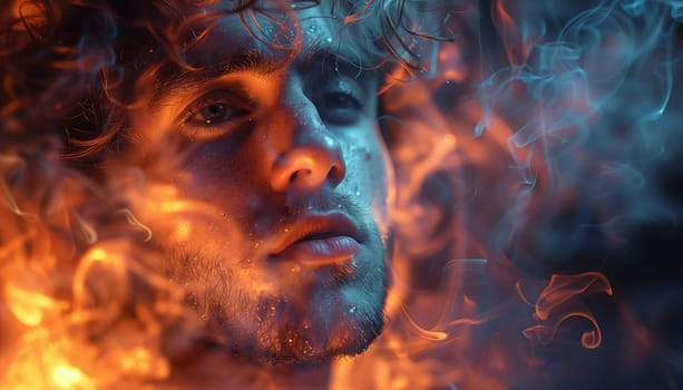 Colorful cinematic photo of a man in smoke. High quality photo