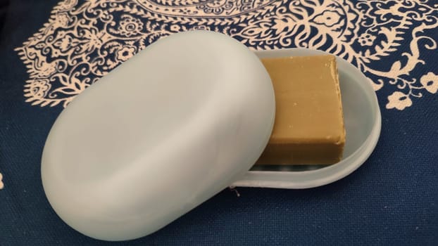 blue plastic soap dish for soap, hygiene object. High quality photo