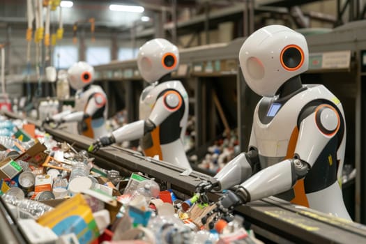 A fleet of orange industrial robots equipped with artificial intelligence sorts through a conveyor belt of recyclable materials. This image illustrates the integration of technology in sustainable waste management