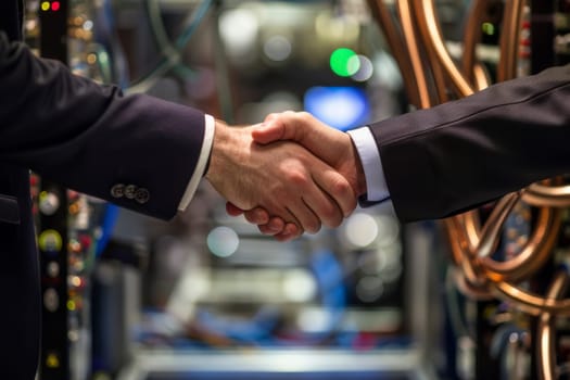 A firm handshake in front of sophisticated equipment signifies a deal in the world of technology and innovation