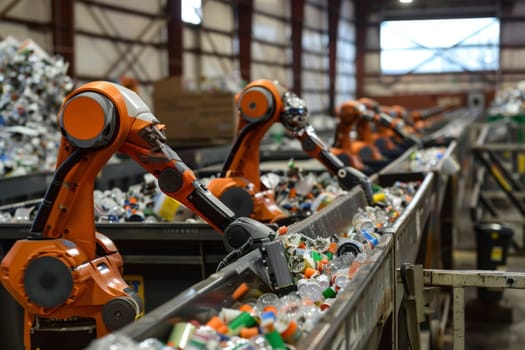 A fleet of orange industrial robots equipped with artificial intelligence sorts through a conveyor belt of recyclable materials. This image illustrates the integration of technology in sustainable waste management