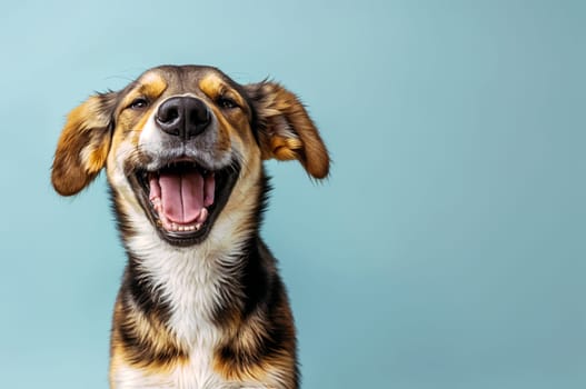 cheerful dog with ears mid-flap smiles widely in front of a solid blue backdrop, creating a heartwarming and playful scene - Generative AI