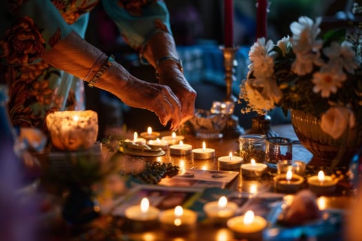A person's hands carefully light tea candles amidst a tranquil setting, creating a warm, reflective atmosphere. The soft glow of numerous candles casts a serene light on a bouquet of white flowers, symbolizing remembrance and peace.