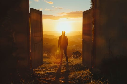 A silhouette of a person stands in a doorway opening to a bright sunrise over a serene landscape. The open doors create a symbolic path to new opportunities and hope