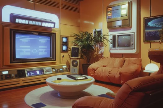 A cozy retro-futuristic living room channels early 2000s nostalgia with vintage tech decor. The room combines comfort with a touch of science fiction