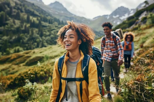 A group of friends shares laughter and conversation on a scenic mountain trail, encapsulating the joy of hiking and companionship. The vibrant landscape enhances the sense of adventure