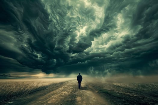 A lone figure walks towards the horizon, offering a poignant juxtaposition against the approaching tempest