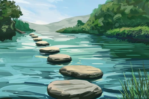 An illustration depicts stepping stones with inscriptions in the Gaelic language, floating over clear water. It creates a pathway and a connection to Celtic heritage