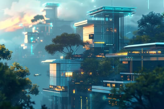 An evocative scene of cliffside homes with advanced smart technology glowing in twilight. The fusion of natural landscapes and futuristic architecture speaks to a harmonious blend of progress and environment