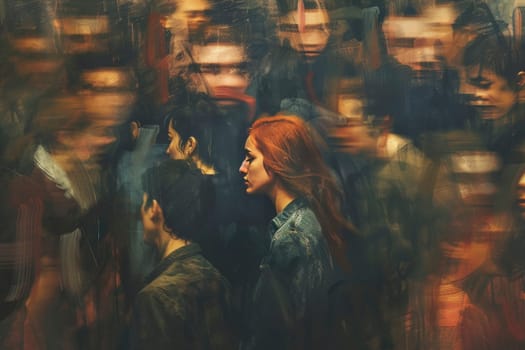 A poignant artwork portrays a woman lost in thought among blurred figures, symbolizing the isolation often felt in mental health struggles. The vivid contrast highlights the personal nature of her experience