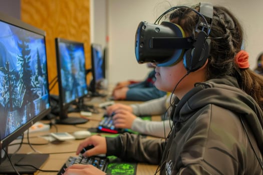 Students are engaged in learning to code through the interactive medium of virtual reality, highlighting a modern approach to education. This scene captures the immersive and innovative methods being used to teach valuable tech skills