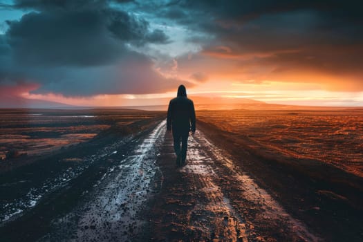 A solitary figure walks on a desolate road towards a horizon aglow with the promise of clearing storms, epitomizing resilience and hope. The dramatic landscape underscores a narrative of perseverance